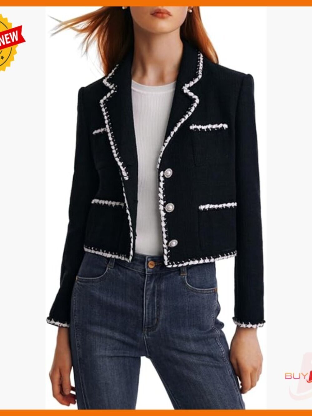 Cropped Tweed Blazer, Long Sleeve Open Front, Work Office Business Casual